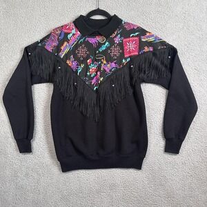 Vintage Hanes Sport Sweater Womens Large Western Fringe Cowboy USA 80s Rodeo